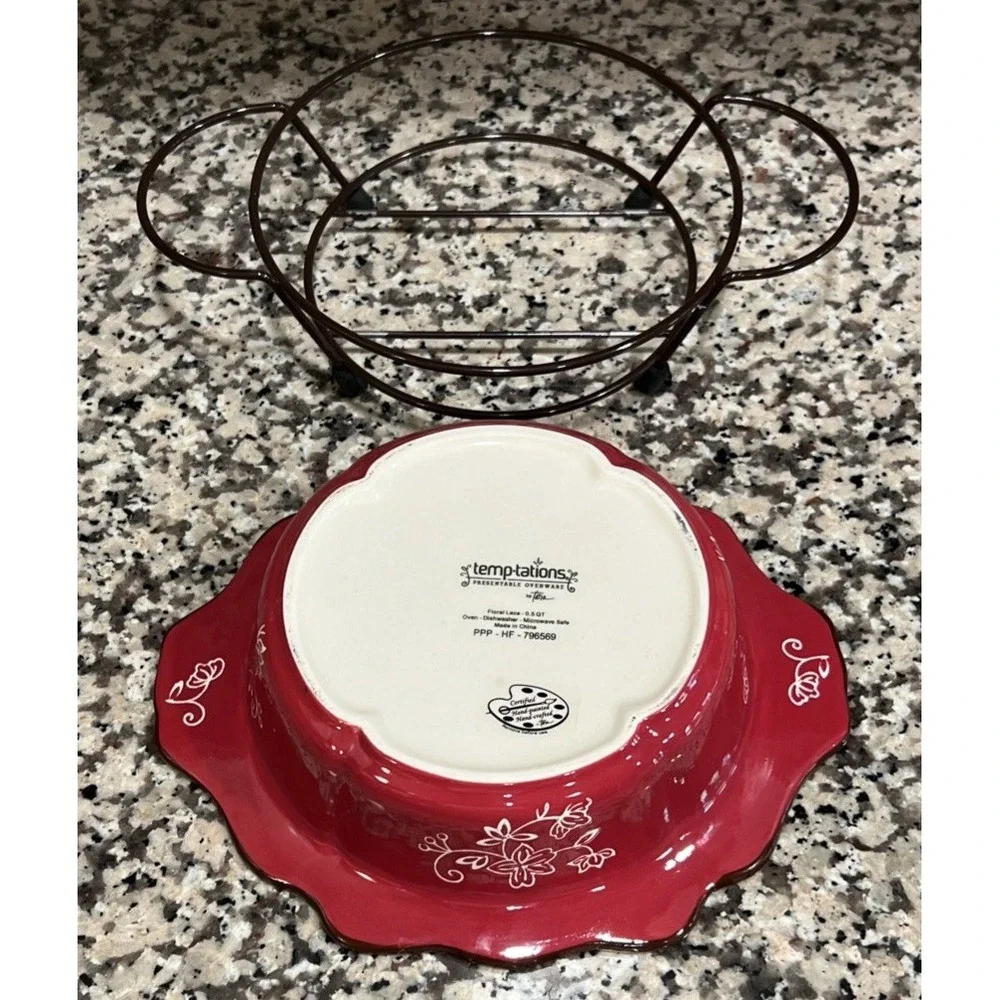 TEMPTATIONS FLORAL LACE‎ .5 Qt. ROUND Scalloped Edge BAKING DISH W/ Rack 796569